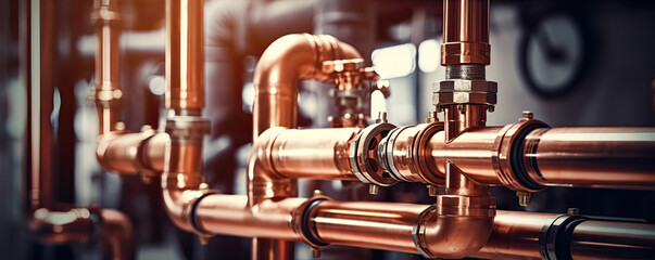 Plumbing copper metal. pipeline copper for heating system. - obrazy, fototapety, plakaty