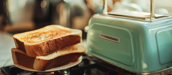 A toaster and plate with toast - obrazy, fototapety, plakaty