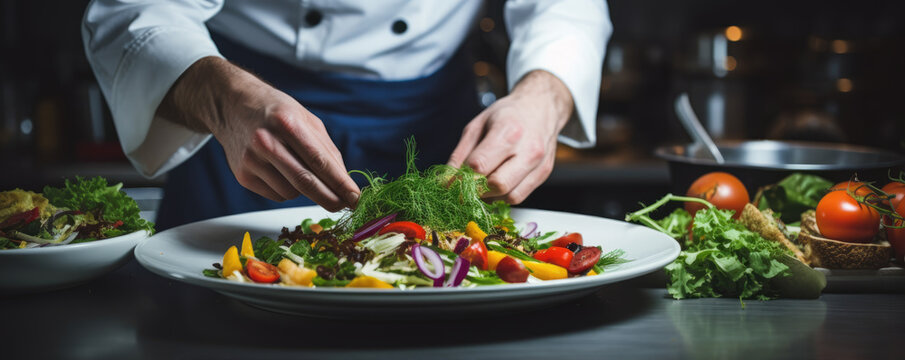 Chef cooking vegetable plate in kitchen. Hands of chef close up preparing health food.