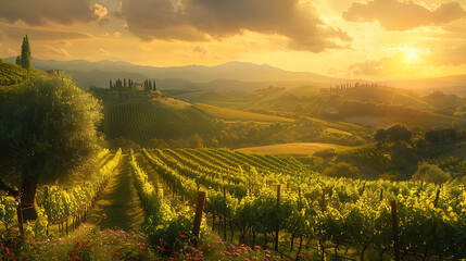 A serene pastoral scene with rolling hills dotted with vineyards and olive groves, bathed in the golden light of sunset