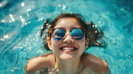 Fototapeta na wymiar Having fun in the summer pool, a happy Asian girl wearing sunglasses and smiling joyfully