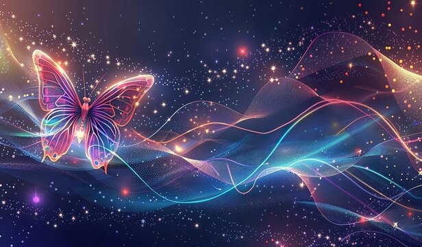 Variegated butterfly with delicate wings against the background of glowing stars and colorful waves. The concept of the gentleness and lightness of the natural world.