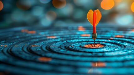 Arrow at a virtual target dartboard, precision in setting objectives for business investments visualizes strategic approach to achieving goals and hitting targets in business.