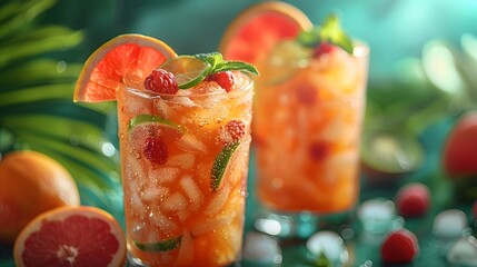a tropical fruit punch on a vivid coral background, with slices of fresh fruit adorning the glass,...