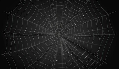 A black spider in the center of a web on a dark background. The concept of a snare and survival in the animal world. - obrazy, fototapety, plakaty