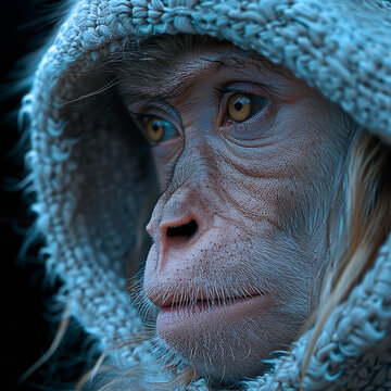Retrato do rosto de um macaco com olhar penetrante e usando capuz.  ilustra&ccedil;&atilde;o com super detalhes.