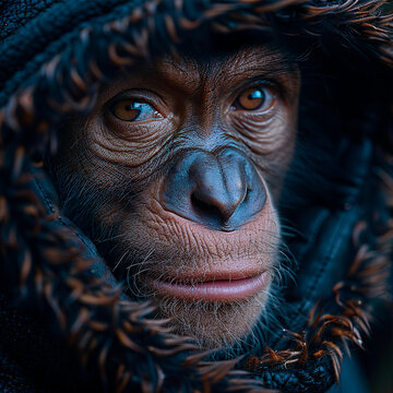 Retrato do rosto de um macaco com olhar penetrante e usando capuz.  ilustração com super detalhes.
