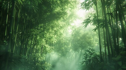 A peaceful bamboo forest, where the green stalks reach towards the sky, symbolizing strength and rapid growth This dense and towering forest creates a tranquil and mysterious atmosphere