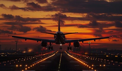 Landing airplane on the runway against a sunset background. The concept of travel and aviation. - obrazy, fototapety, plakaty
