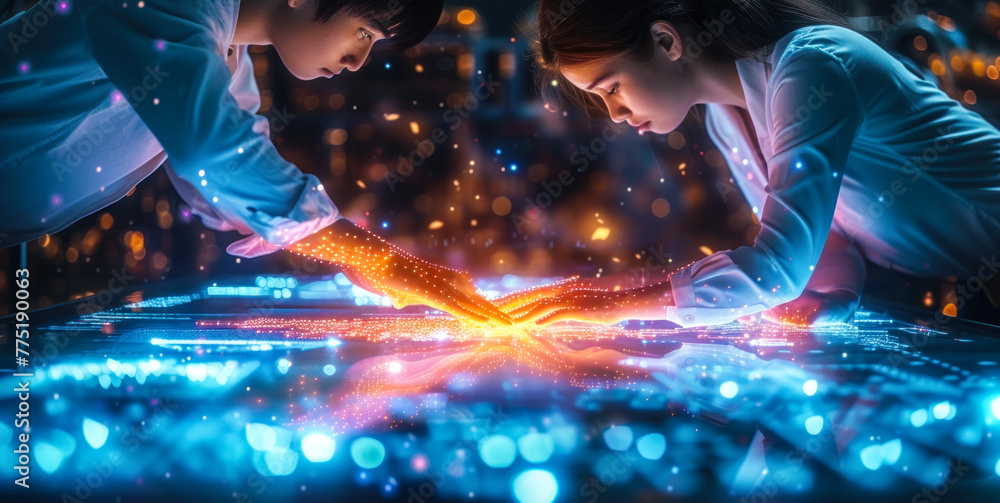 Aufkleber two individuals collaborating over an interactive futuristic holographic interface with glowing conn