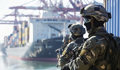 Military personnel in uniform overlooking a cargo ship. The concept of maritime security.