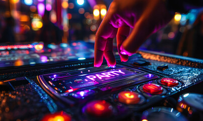 A hand poised to press a glowing green PARTY button on a colorful console, signifying the start of entertainment or celebration in a vibrant nightlife setting