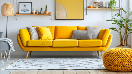 Modern living room and home interior design in a Scandinavian style. Bright yellow sofa, shelf, and knit pouffe.