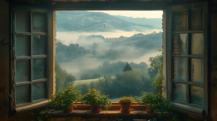 beauty of a misty morning view from a window, overlooking rolling hills and lush greenery, in breathtaking 8k full ultra HD resolution.