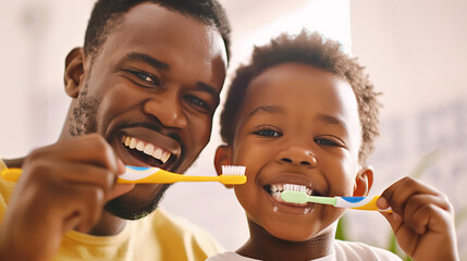 Dad and son brush their teeth with a toothbrush in bathroom interior. Concept of daily dental care, oral hygiene, raising children, good habits, father's day - obrazy, fototapety, plakaty