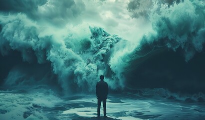 A man in dark clothes stands facing a massive wave. The concept of natural disasters. - obrazy, fototapety, plakaty