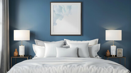 Modern living room and home interior design inspired by art deco. Between bedside tables with lamps and a blue wall with a poster frame is a white sofa with pillows.