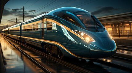 Fototapeta premium high speed train races towards its destination. Feel the thrill of travel aboard a high speed train, where every moment is a testament to efficiency