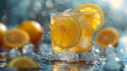 crispness of a sparkling lemonade against a refreshing sky-blue background, with condensation glistening on the glass, in cinematic 8k full ultra HD. - obrazy, fototapety, plakaty