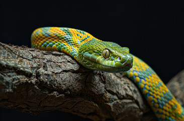 A snake with yellow and green scales slithers on the branch of an ancient tree against a black background in macro photography.