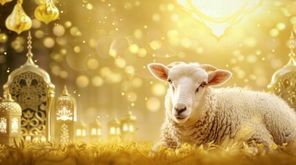 Naklejka premium Eid al Adha greeting background with sheep and islamic background. celebration concept, religion, culture, sheep in high resolution and quality