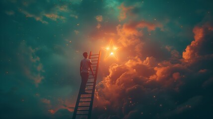 Businessman standing on a ladder reaching for a glowing star, symbolizing ambition and aspiration. Success concept. - obrazy, fototapety, plakaty