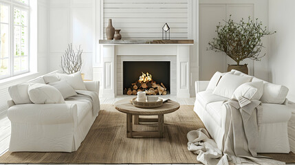 Modern living room and home interior design in a Scandinavian country style. Two white couches next to a fireplace.
