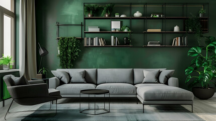 Modern living room and home interior design in a Scandinavian style. Against a green wall with a shelving unit is a grey sofa and lounge chair.