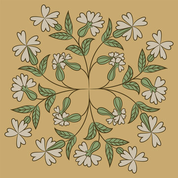 Ornate floral design with blooming branches. Siléne vulgáris. Bouquet of white blossom and green leaves on yellow background. Folk style.