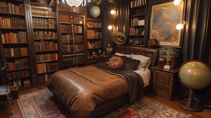A steampunk library within a bedroom, complete with leather-bound books, brass accents, and vintage globes. - obrazy, fototapety, plakaty