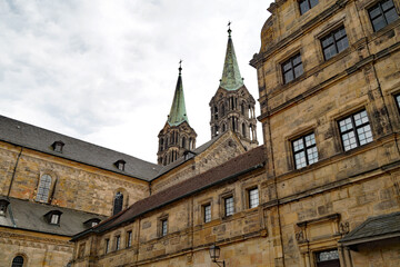 ancient and quaint city of Bamberg with its majestic Bamberg Cathedral on an overcast spring day (Bamberg, Bavaria, Germany)