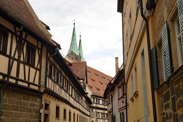 ancient and quaint city of Bamberg with its majestic Bamberg Cathedral on an overcast spring day (Bamberg, Bavaria, Germany)