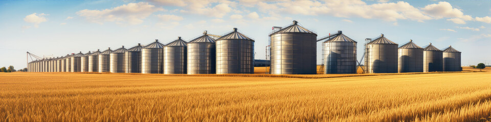 Grain silos in farm field. Agricultural silo or container for harvested grains.