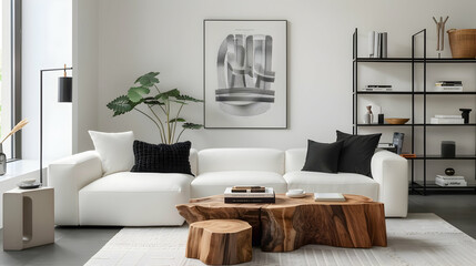 Modern living room and home interior design inspired by art deco. Near a white sofa with black pillows and a poster and book shelf on the wall is a live edge coffee table.