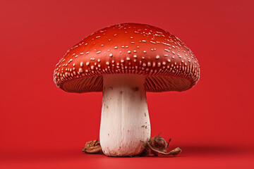 super realistic photo of Bay Bolete Mushroom (Boletus badius) on RED background сreated with Generative Ai
