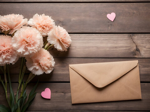 Happy Mother's Day on white paper in a brown envelope, with a pink heart and carnation flowers on a wood-textured background with copy space.