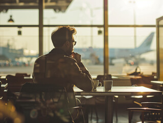 businessman at an airport cafe, contemplating the journey ahead, with a coffee cup in hand and an aeroplane visible through the window behind him, generative ai