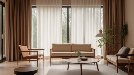 A Japandi style living room, interior close to nature, embraces natural elements to create a serene and harmonious space.