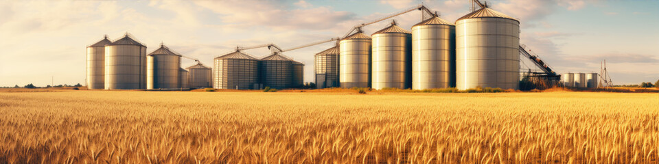 Obraz premium Grain silos in farm field. Agricultural silo or container for harvested grains.