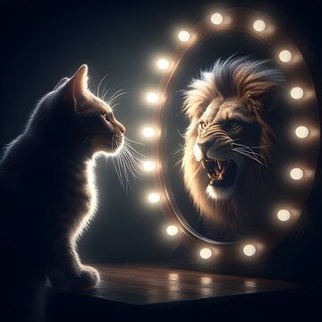 Male snarling cat looking into the mirror His reflection was that of a grown-up roaring lion.