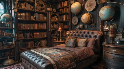 A steampunk library within a bedroom, complete with leather-bound books, brass accents, and vintage globes. - obrazy, fototapety, plakaty