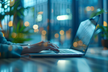 A business professional woman typing on their laptop, with office windows background, focusing on hands with a blurred office environment featuring glass windows