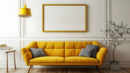 Modern living room and home interior design in a Scandinavian style. Vibrant yellow couch positioned against framed wall.
