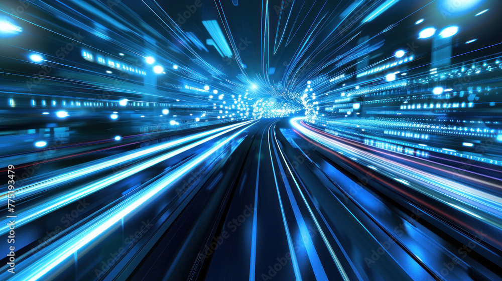 Poster dominant blue hue with luminous light streaks creating the impression of high-speed digital data tra