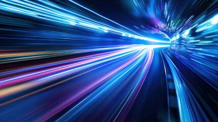 Radiant neon-colored light trails converging at a distant focal point creating a sense of motion and futuristic travel