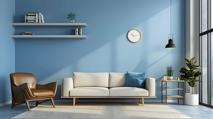 Modern living room and home interior design in a Scandinavian style. Blue wall with beige sofa, leather chair, and shelving unit.