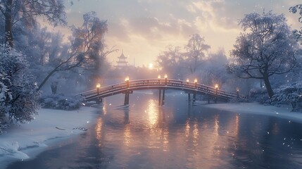 A snow-covered bridge spanning a tranquil river