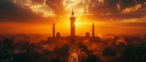 Islamic Minaret Towering Above a Historic City The towers silhouette merges with the sky