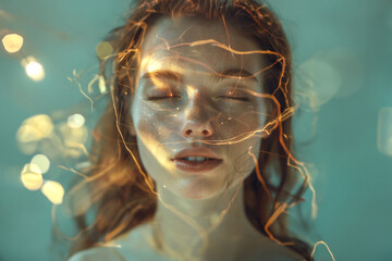 Portrait of a woman doing energy therapy session with abstract energy power flowing around her head.