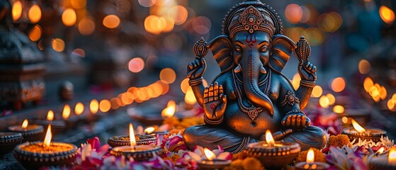 Ganesha Idol Serenely Sitting Among Diwali Lights - obrazy, fototapety, plakaty